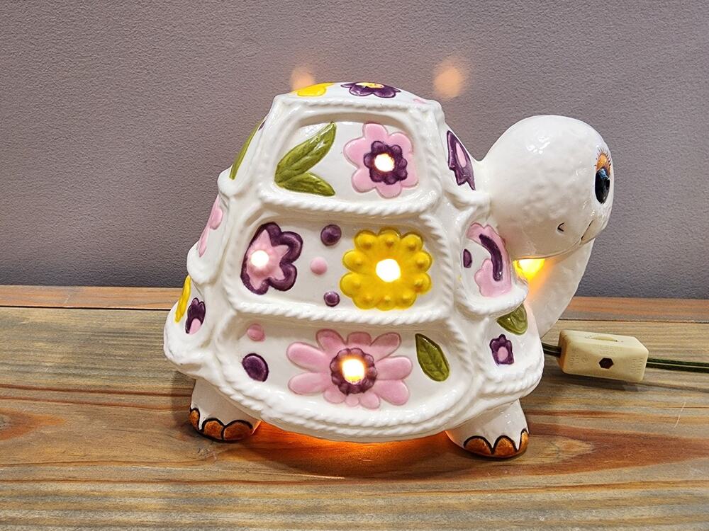 Vintage Ceramic Turtle Lamp Night Light With Flowers